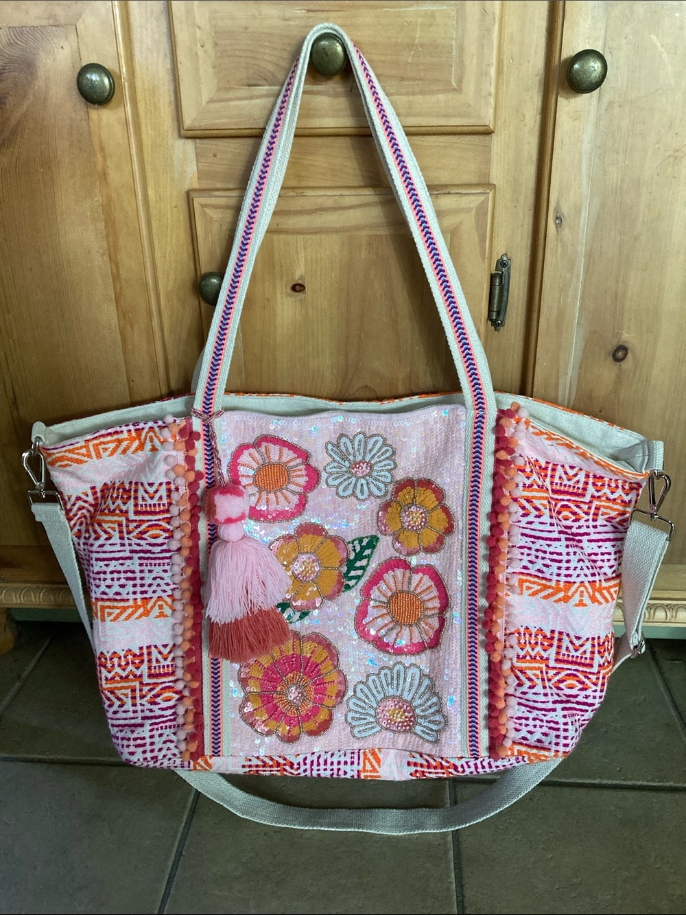America & Beyond Boho Floral Sequin Tote & makeup bag